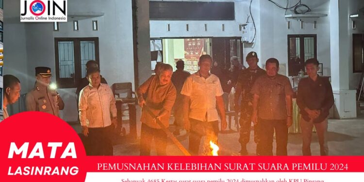 Sebanyak 4,685 Kelebihan Surat Suara Pemilu 2024 di Musnahkan di KPU Pinrang