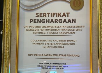 UPT Pendapatan Wilayah Pinrang Menerima Penghargaan QRIS Champions of The Year 2024